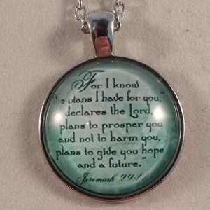 Silver Plated Jeremiah 29:11 Bible For I Know Cabochon Pendant Necklace 20"